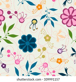 The pattern of flowers, branches and berries with a dotted line on the background