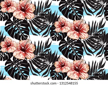 Pattern of flowers and branches of palm trees vector