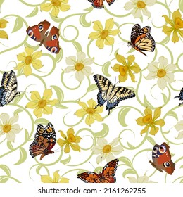 Pattern with flowers and bright butterflies.Multicolored butterflies on the background of leaves and flowers in a vector pattern.