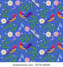 
Pattern with flowers and bright stylized birds
