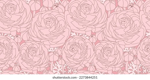 pattern with flowers, buds and leaves of ranunculus