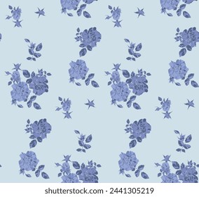 Pattern of flowers, buds and leaves of roses, blue on a light blue background in vintage style.