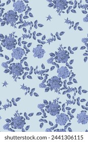 Patrón de flores, brotes y hojas de rosas, azul sobre un fondo azul claro en estilo vintage.