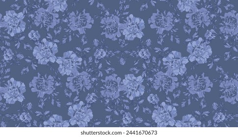 Pattern of flowers, buds and leaves of roses, blue on a light blue background in vintage style.	