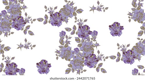 Pattern of flowers, buds and leaves of roses in vintage style on a transparent background.