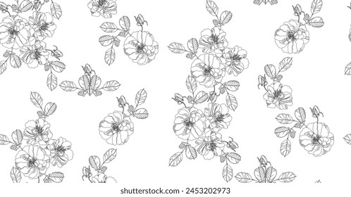 Pattern of flowers, buds and leaves of roses in vintage style