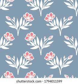 A pattern of flowers and buds on a blue background.