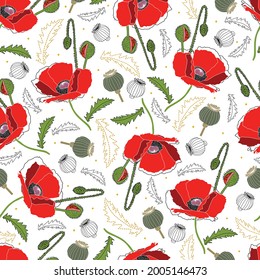 Pattern with flowers, buds and poppy fruits on a transparent background