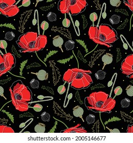 Pattern with flowers, buds and poppy fruits on a black background