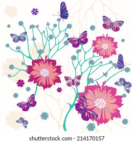 Pattern with flowers and butterflies.