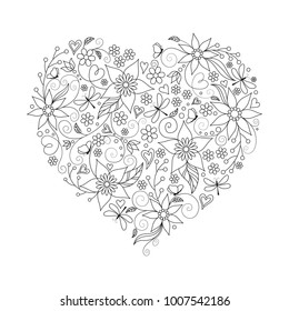 A pattern of flowers, butterflies and dragonflies in the form of a heart. Contour drawing, coloring. Vector illustration.