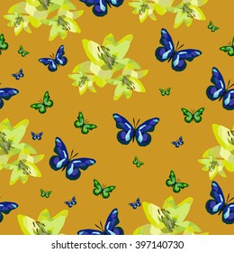 Pattern with flowers and butterflies on the orange background