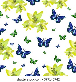 Pattern with flowers and butterflies on the white background