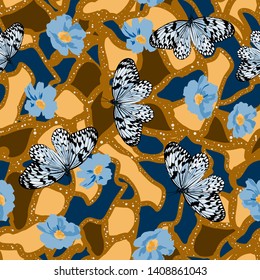 Pattern with flowers and butterflies. Seamless abstract, cubism decorative background. Vector stylized graphic illustration.