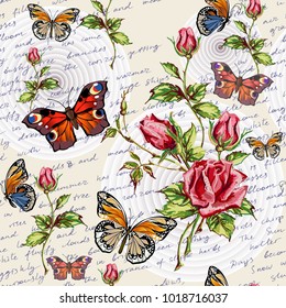 Pattern with flowers and butterflies. Seamless decorative background. Vector illustration.