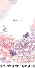 Pattern with flowers dahlia, butterfly and abstract leaves.
