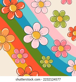 Pattern with flowers and daisies on a rainbow background. Groovy style. 60-70s. Hippie. Nature. Vector stock illustration.