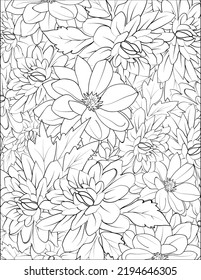 Pattern with flowers Dalia Outline print with blossoms, leaves, and buds on a white background A drawing with ink contours of Dalia . Tropical trendy exotic floral coloring page and book for adult