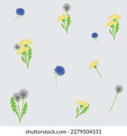 pattern with flowers of dandelions and cornflowers on a milky background, can be used for nursery wallpaper, holiday wrapping and paper, also can be used for scrapbooking, holiday boxes and phone and 