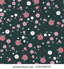 Pattern with flowers different sizes on black background. Vector illustartion for wrapping paper, clothes, fabric.