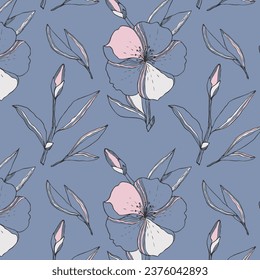 Patrón con flores en estilo doodle, bellas flores de trazo glamuroso y elegante sobre fondo azul, moda, belleza, cosméticos, lujo y chic.