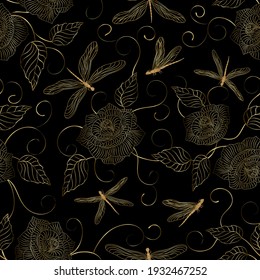 Pattern with flowers and dragonflies.Flowers and dragonflies of gold color in a vector pattern on a black background.