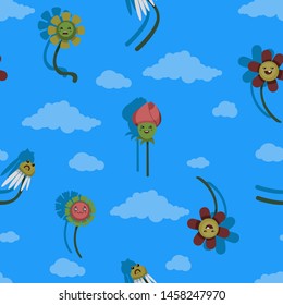 
Pattern with flowers. Emotions, funny faces.