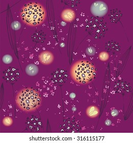 Pattern of  flowers and fireflies on fuchsia background