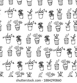 Pattern of flowers in a flowerpot, dried flowers. hand-drawn liner. Decorative wildflowers, gardening, Stylization of plants, small beautiful flowers. For textiles, wallpaper, packaging, paper. 