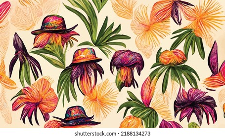 A pattern of flowers, foliage and hats. Retro summer vibes.