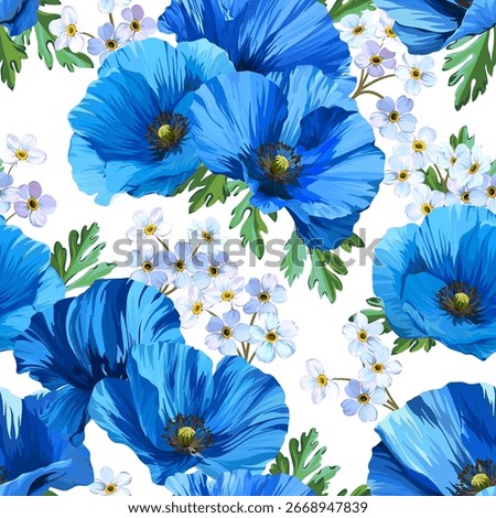 Pattern with flowers forget-me-nots, poppies, blue anemones. Vector floral pattern with summer flowers. For paper, fabric, packaging and interior design.