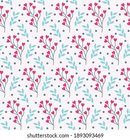 Pattern with flowers in the form of hearts and leaves. Valentines Day. Vector illustration isolated on white background. Drawing for packaging, decoration, scrapbooking, fabric. 