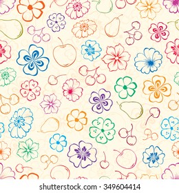 pattern of the flowers and the fruits
