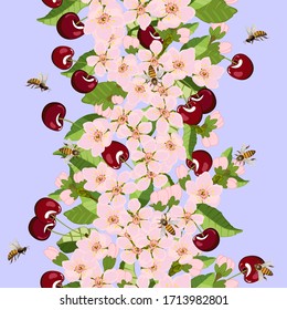 Pattern with flowers and fruits of cherry.Flowers and fruits of cherry in a seamless pattern.
