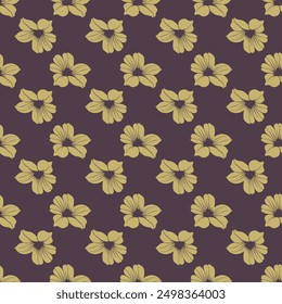 A pattern of flowers in gold and purple. The flowers are arranged in a way that creates a sense of movement and flow. The colors of the flowers and the background create a warm and inviting atmosphere