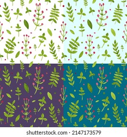 Pattern of flowers and grasses painted with watercolors on white background. Green leaves and flowers on a white background. Vector. Vector illustration