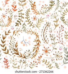 Pattern of flowers and grasses painted with watercolors on white background. Green leaves and flowers on a white background. Vector