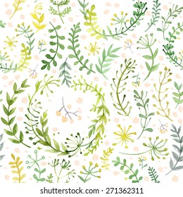 Pattern of flowers and grasses painted with watercolors on white background. Green leaves and flowers on a white background. Vector