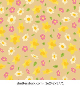 pattern of flowers and green leaves on a beige background