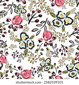 A pattern of flowers with green leaves and red berries. The flowers are in various sizes and are scattered throughout the image. Scene is cheerful and lively, with the bright colors of the flowers