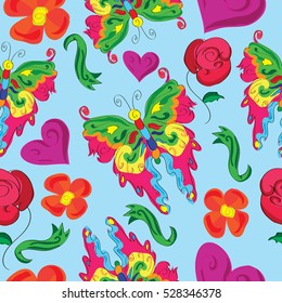 Pattern flowers, hearts and butterflies