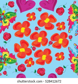 Pattern flowers, hearts and butterflies