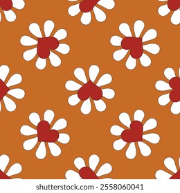 A pattern of flowers with hearts in the center. The flowers are orange and white. The pattern is repeated over and over again