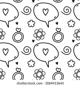 Pattern with flowers, hearts, rings and a wedding proposal. Linear black and white pattern for Valentine's Day, wedding