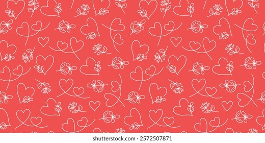 Pattern flowers, hearts. Set of line drawings, Valentine's Day. Hand drawn icons, doodle. Repeating background. Seamless texture.