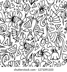 Pattern of flowers, hearts, triangles. Hand drawn doodle