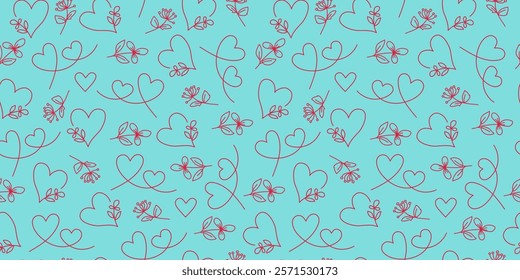 Pattern flowers and hearts. Valentine's Day. Set of line drawings. Hand drawn icons, doodle. Repeating background. Seamless texture.