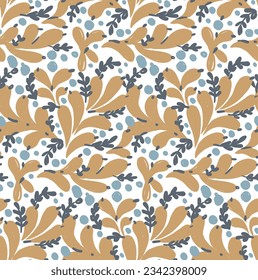 Pattern of flowers, herbs, ornaments in warm colors. Floral print for textiles, packaging, postcards, clothes. Stylish natural lines. Packaging for tea, herbs, natural cosmetics, bedding, fabric, craf