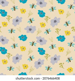 Pattern with flowers leaves and a bee.Yaktsie flowers on a pastel background.Contour of leaves and a yellow bee.Children's textiles, scrapbooking, banners, notepad, advertising.Illustrator, vector.