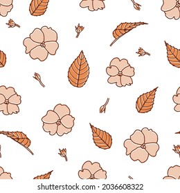 Pattern with flowers, leaves and buds of impatiens in autumn colors on a transparent background